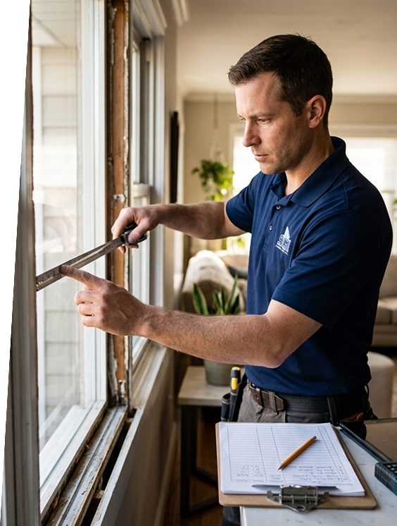 Superior Glass installer measuring a window